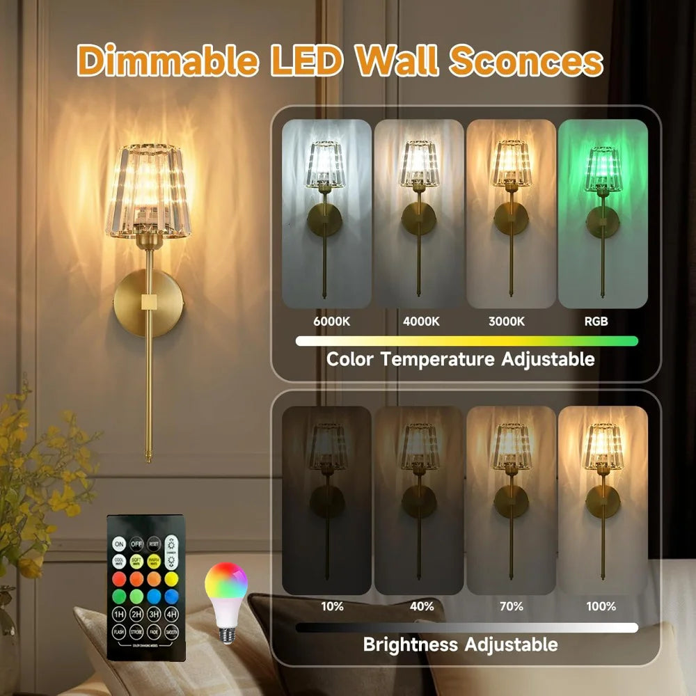 Nordic Crystal Wall Lamp 1/2pcs Gold Black Silver RGB Remote Control Dimmable Rechargeable Wireless Living Room Bedroom Lighting