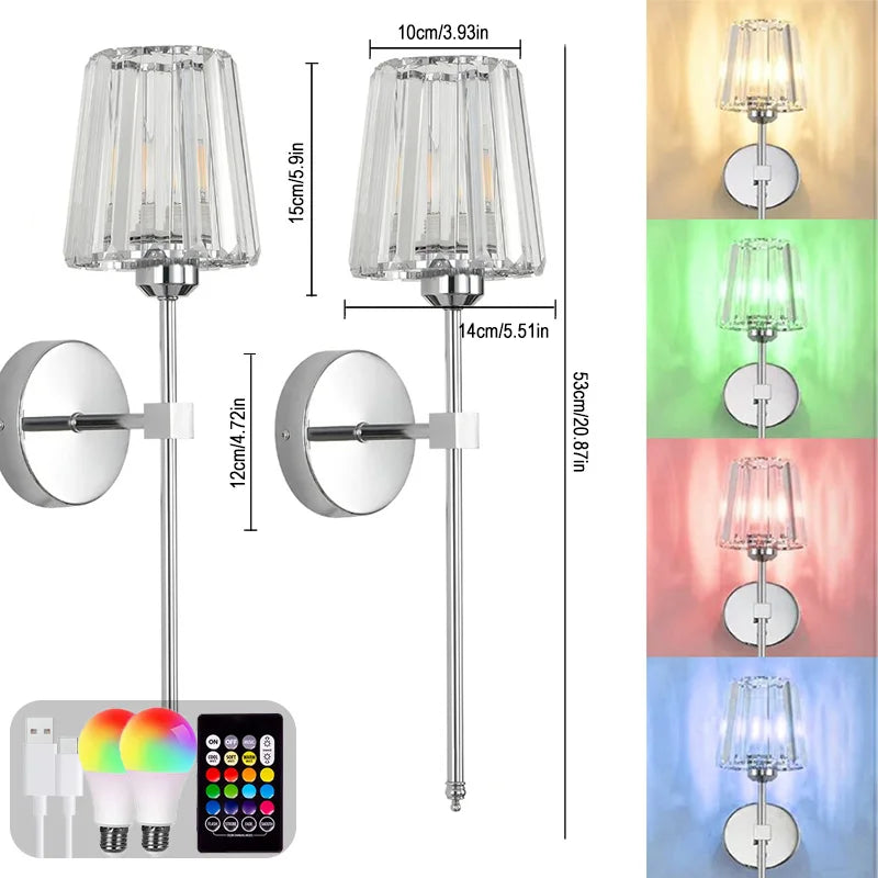 Nordic Crystal Wall Lamp 1/2pcs Gold Black Silver RGB Remote Control Dimmable Rechargeable Wireless Living Room Bedroom Lighting