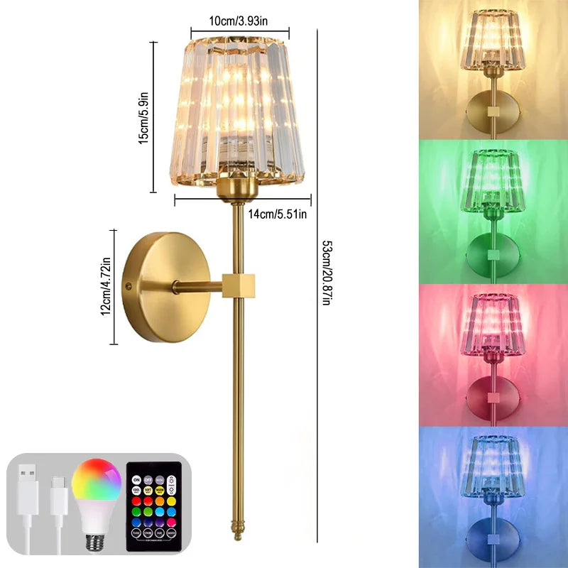 Nordic Crystal Wall Lamp 1/2pcs Gold Black Silver RGB Remote Control Dimmable Rechargeable Wireless Living Room Bedroom Lighting