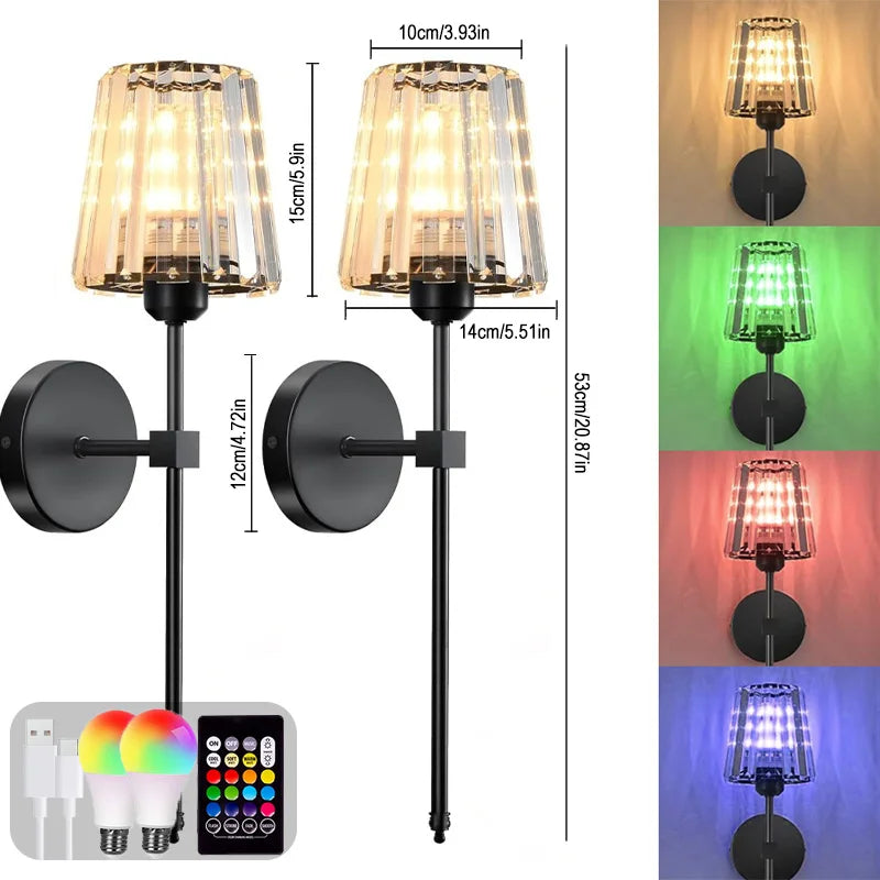 Nordic Crystal Wall Lamp 1/2pcs Gold Black Silver RGB Remote Control Dimmable Rechargeable Wireless Living Room Bedroom Lighting