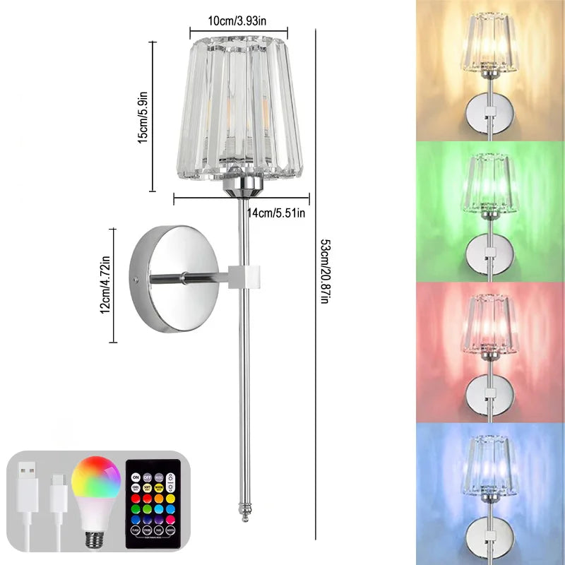 Nordic Crystal Wall Lamp 1/2pcs Gold Black Silver RGB Remote Control Dimmable Rechargeable Wireless Living Room Bedroom Lighting