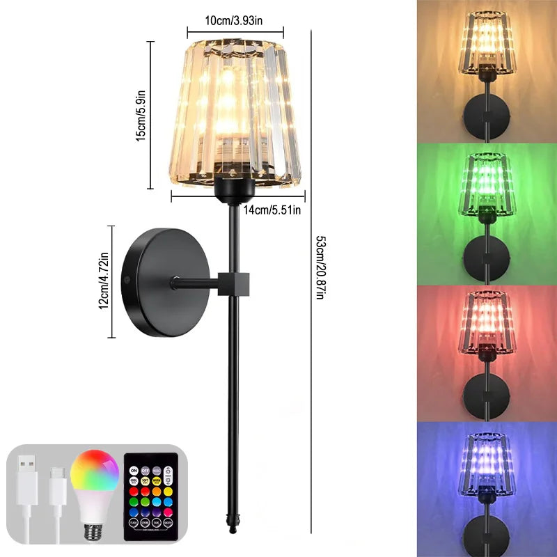 Nordic Crystal Wall Lamp 1/2pcs Gold Black Silver RGB Remote Control Dimmable Rechargeable Wireless Living Room Bedroom Lighting