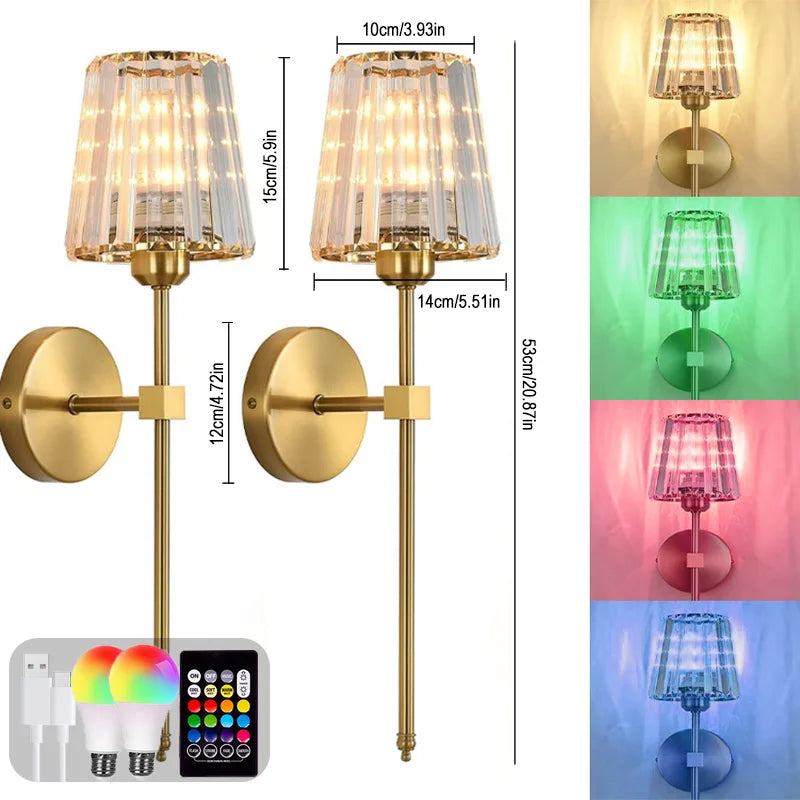 Nordic Crystal Wall Lamp 1/2pcs Gold Black Silver RGB Remote Control Dimmable Rechargeable Wireless Living Room Bedroom Lighting